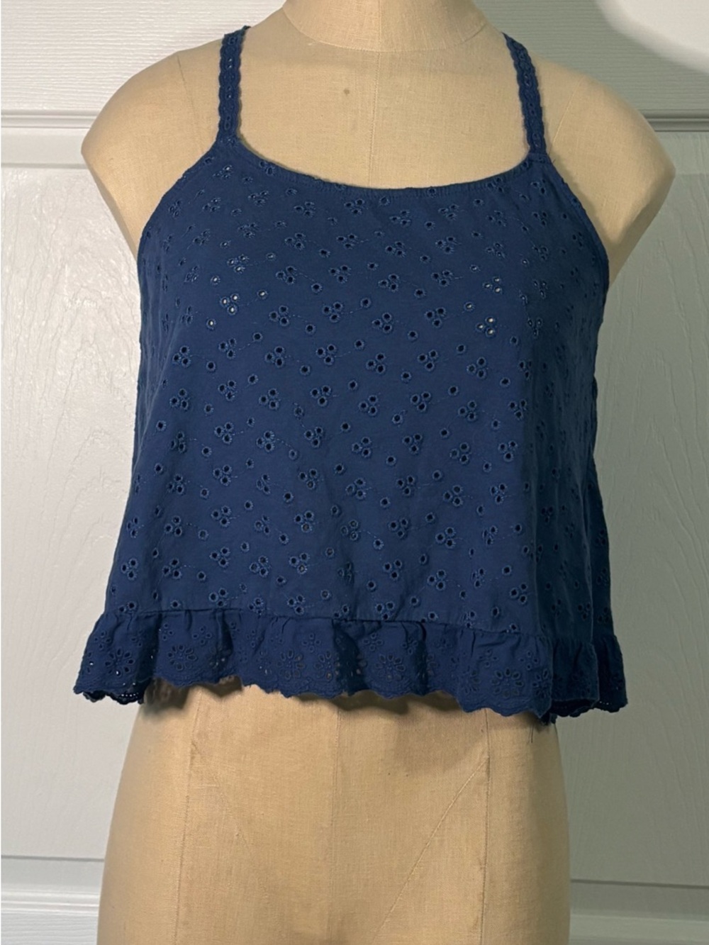 Boutique Small Navy Eyelet Ruffle Crop Camisole